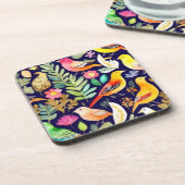 鳥のカラフル花の模様の青い装飾 コースター (左側)