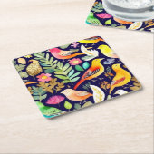 鳥のカラフル花の模様の青い装飾 スクエアペーパーコースター (アングル)
