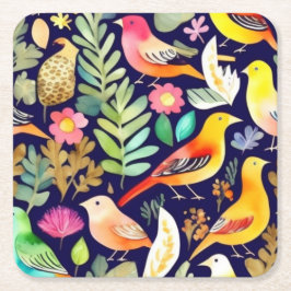 鳥のカラフル花の模様の青い装飾 スクエアペーパーコースター