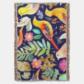 鳥のカラフル花の模様の青い装飾 スローブランケット (正面縦)