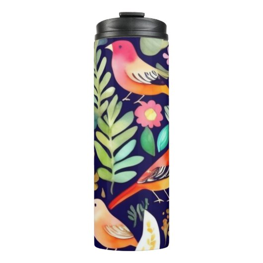 鳥のカラフル花の模様の青い装飾 タンブラー (正面)