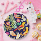 鳥のカラフル花の模様の青い装飾 ペーパープレート (パーティー)