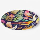 鳥のカラフル花の模様の青い装飾 ペーパープレート (アングル)