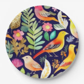 鳥のカラフル花の模様の青い装飾 ペーパープレート (正面)