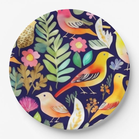 鳥のカラフル花の模様の青い装飾 ペーパープレート (正面)