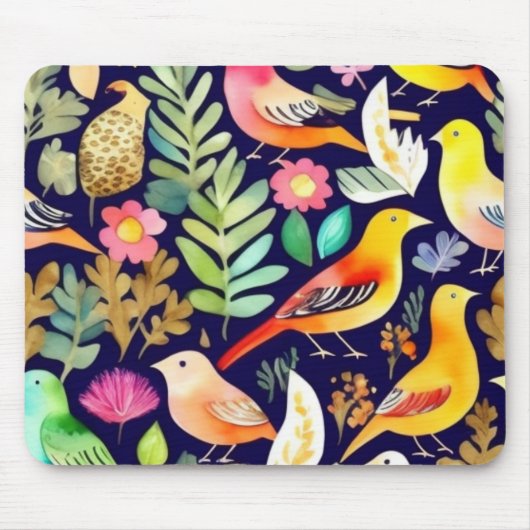 鳥のカラフル花の模様の青い装飾 マウスパッド (正面)