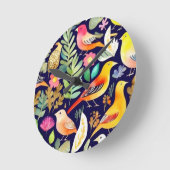 鳥のカラフル花の模様の青い装飾 ラウンド壁時計 (傾斜)