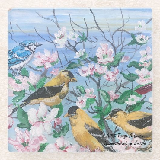 鳥のガラスコースター オリジナルアクリルアート ガラスコースター (正面)