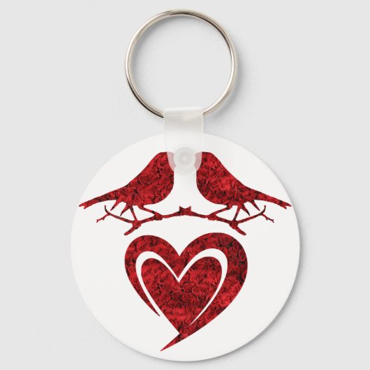 鳥のキスキーチェーン – 赤いバラのハート キーホルダー (正面)