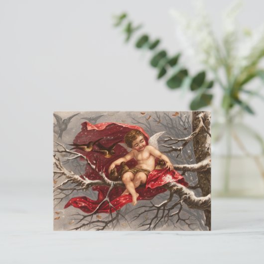 鳥のクリスマスと冬の木の翼のあるケルブ ポストカード (スタンド正面)