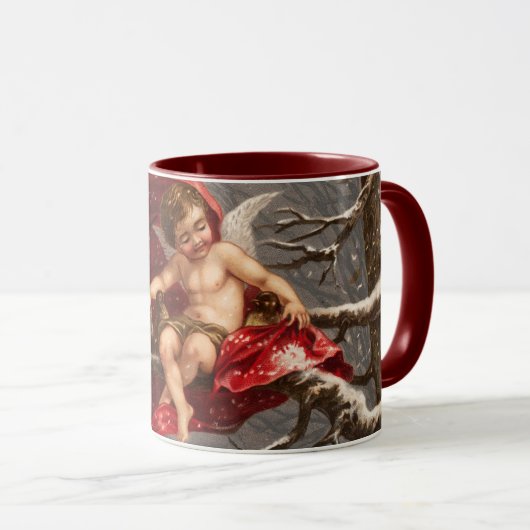 鳥のクリスマスと冬の木の翼のあるケルブ マグカップ (正面右)