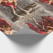 鳥のクリスマスと冬の木の翼のあるケルブ ラッピングペーパー (角)