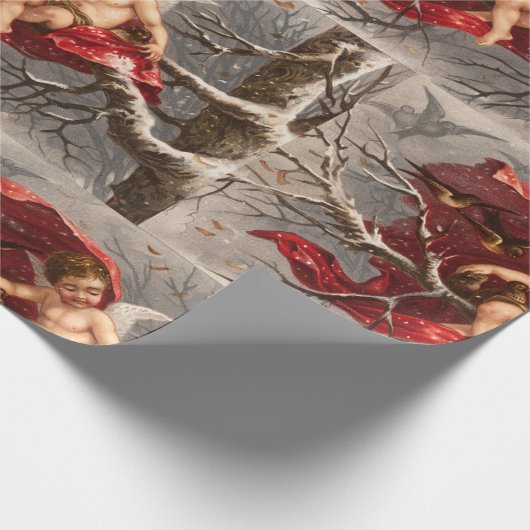 鳥のクリスマスと冬の木の翼のあるケルブ ラッピングペーパー (角)