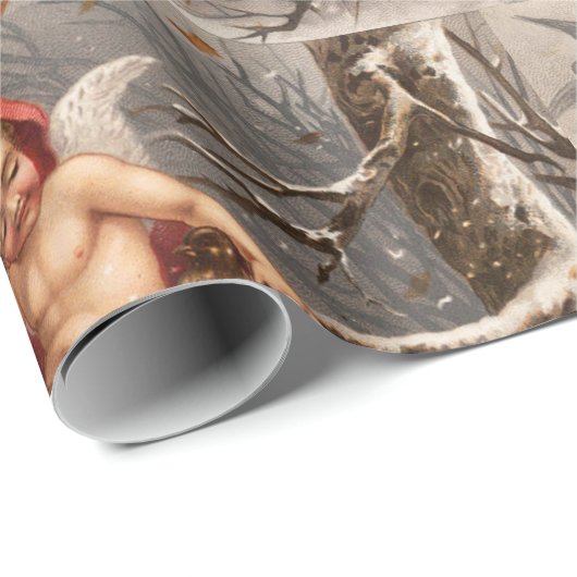 鳥のクリスマスと冬の木の翼のあるケルブ ラッピングペーパー (ロールコーナー)