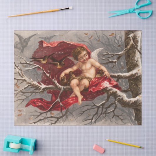 鳥のクリスマスと冬の木の翼のあるケルブ 薄葉紙 (クラフト)