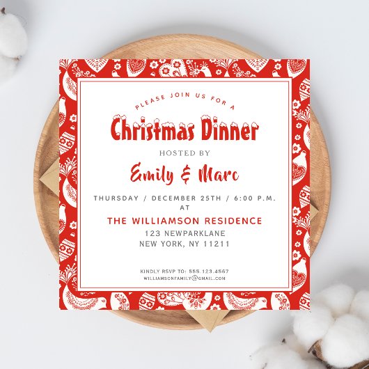 鳥のクリスマスと赤スカンジナビアの民俗パターン 招待状