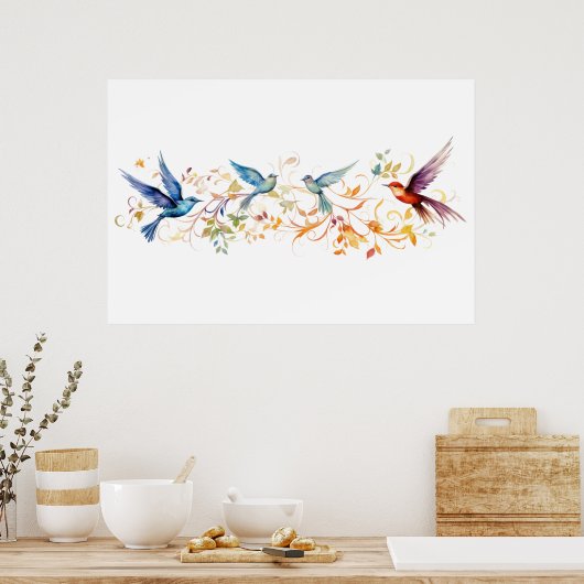 鳥のグラフィック飛んでいるパターン ポスター (キッチン)