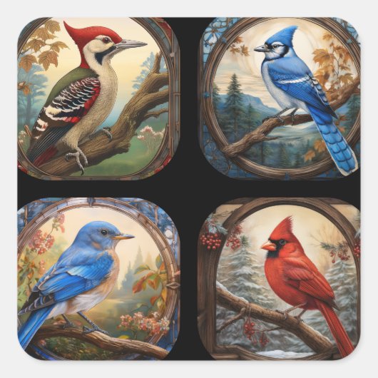 鳥のコラージュ スクエアシール (正面)