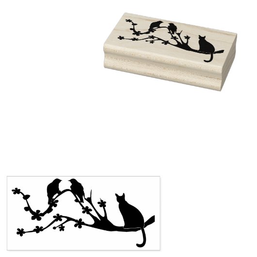 鳥のシルエットが描かれた木の中の猫 ラバースタンプ (押印)