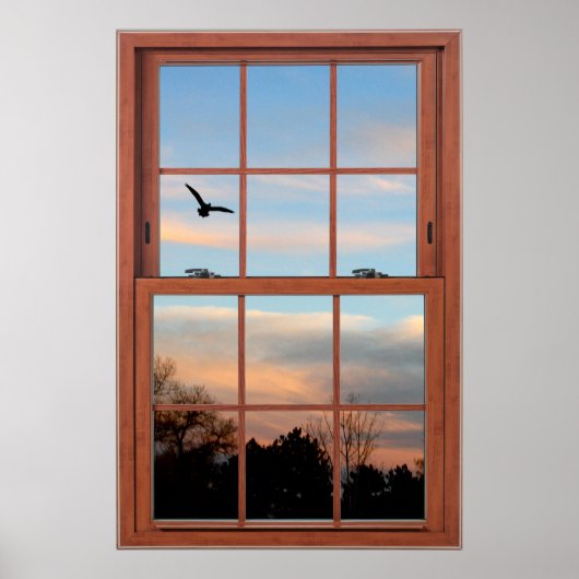 鳥のシーン飛んでいるウィンドウの錯覚を伴う夕日 ポスター (正面)