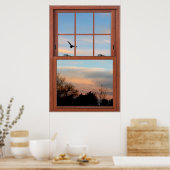 鳥のシーン飛んでいるウィンドウの錯覚を伴う夕日 ポスター (キッチン)
