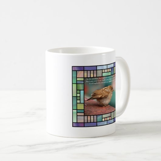 鳥のステンドグラスとのアイザイアの41:10の聖書の詩 コーヒーマグカップ (正面右)