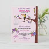 鳥のトゥカン 女の子の誕生日 ピンクの双子 招待 招待状 (スタンド正面)