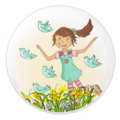 鳥のノブを持つグラフィック春の女の子 セラミックノブ (正面)