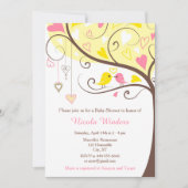 鳥のハートツリーイエローとコーラルベビーシャワー 招待状 (正面)
