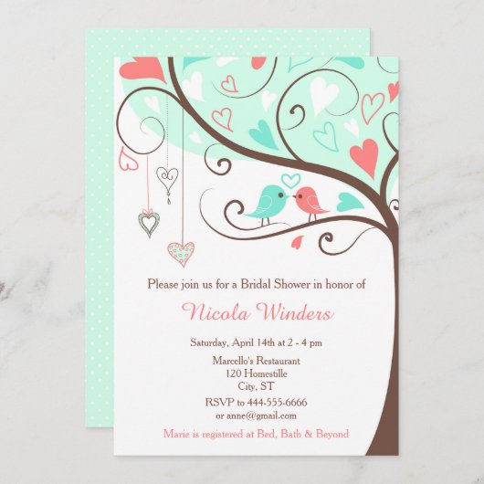 鳥のハートツリーミントアンドコーラルブライダルシャワー 招待状 (正面/裏面)