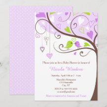 鳥のハートツリー紫と緑の赤ちゃんシャワー