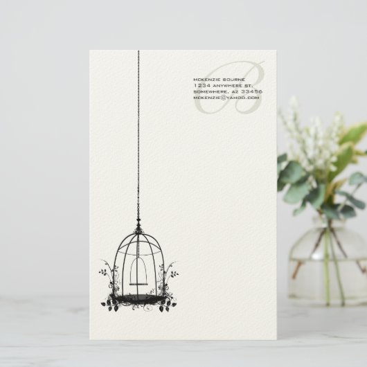 鳥のパーソナライズされた航空便を備えたヴィンテージの鳥かご 便箋 (スタンド正面)