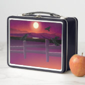 鳥のフェンス月とラベ飛んでいるンス メタルランチボックス (インサイチュ)