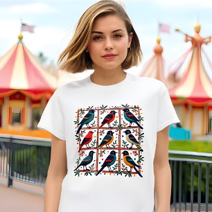 鳥のフォークアート – 3x3鳥の恋人自然&素朴 tシャツ