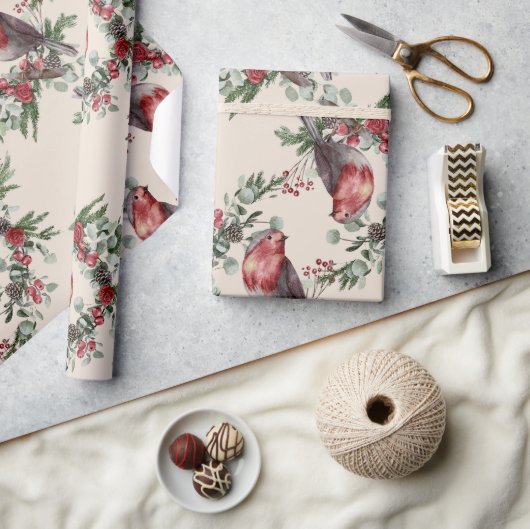 鳥のフローラベリーのクリスマス ラッピングペーパー (クラフト)