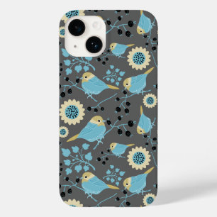 鳥のフローラベリーブルークリームブラックグレーパターン Case-Mate iPhone 14ケース