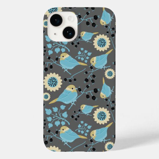 鳥のフローラベリーブルークリームブラックグレーパターン Case-Mate iPhoneケース (裏面)