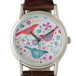 鳥のフローラ水色 腕時計<br><div class="desc">水モダンコンテンポラリー色の鳥や花のティール（緑がかった色）緑、赤、マゼンタピンク。オリジナルアートby Nic Squirrell.</div>