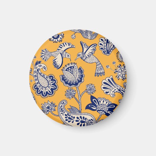 鳥のペイズリー花のヴィンテージパターン マグネット (正面)