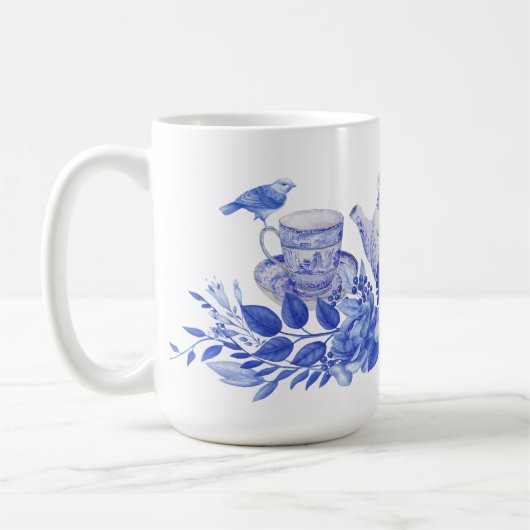 鳥のマグカップを使った青と白のお茶 コーヒーマグカップ (左)