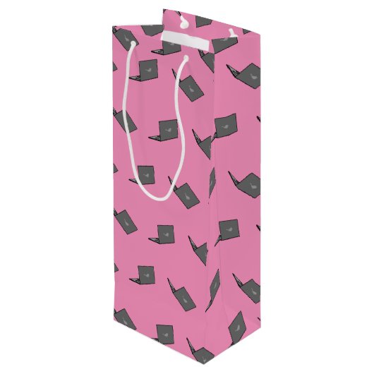 鳥のロゴの漫画と灰色のラップトップ ワインギフトバッグ (裏面アングル)