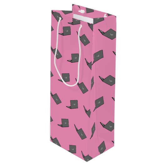 鳥のロゴの漫画と灰色のラップトップ ワインギフトバッグ (正面アングル)