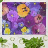 鳥の入浴に浮かぶパンジーの花と露 キッチンタオル (折り畳み)