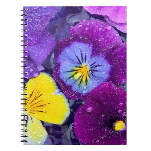 鳥の入浴水に浮かぶパンジーの花と露 ノートブック (正面)