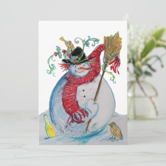 鳥の冬の休日の挨拶を持つ酔った雪だるま シーズンカード (スタンド正面)