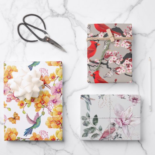 鳥の包装紙フラットシートセット3 ラッピングペーパーシート (正面)