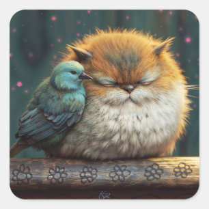 鳥の友だち付きフワフワ猫イラストレーション スクエアシール