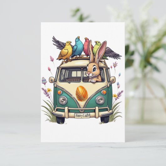 鳥の友人とバスのイースターバニー – 春Ce サンキューカード (スタンド正面)
