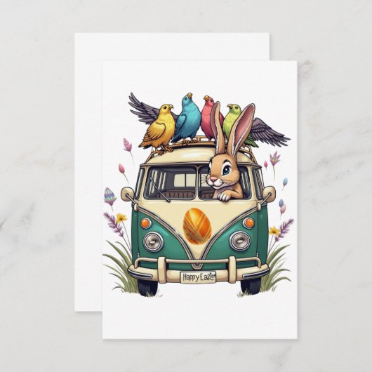 鳥の友人とバスのイースターバニー – 春Ce サンキューカード (正面/裏面)