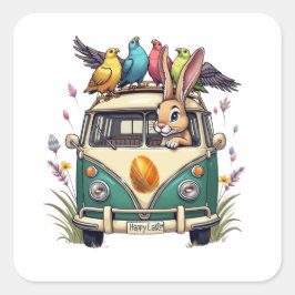 鳥の友人とバスのイースターバニー – 春Ce スクエアシール